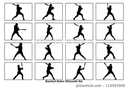 silhouette of a person playing baseball, Baseball Batter Hitting Ball with Bat for Home Run silhouette. silhouette of a person playing baseball, Baseball Batter Hitting Ball with Bat for Home Run silhouette. 118893998
