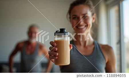 Young sporty woman with bottle of protein shake at home doing stretching exercise  118894035