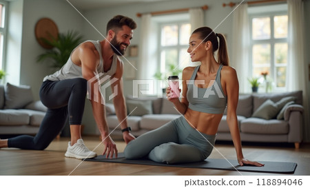 Young sporty woman with bottle of protein shake at home doing stretching exercise Young sporty woman with bottle of protein shake at home doing stretching exercise 118894046