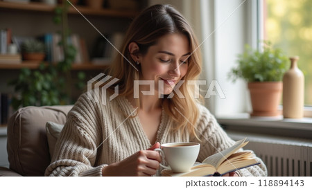 A Womans Peaceful Break with Coffee and a Book 118894143