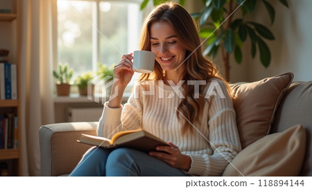 A Womans Peaceful Break with Coffee and a Book A Womans Peaceful Break with Coffee and a Book 118894144