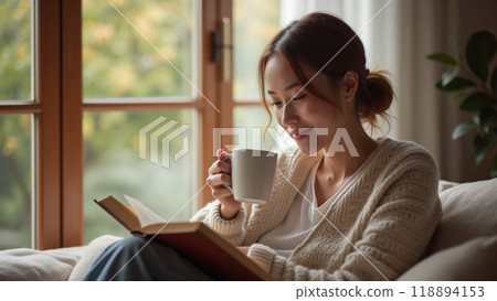 A Womans Peaceful Break with Coffee and a Book 118894153