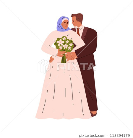 Bride and groom, wedding ceremony, vector cartoon newlywed couple, happy husband in suit and wife in white dress, hijab 118894179