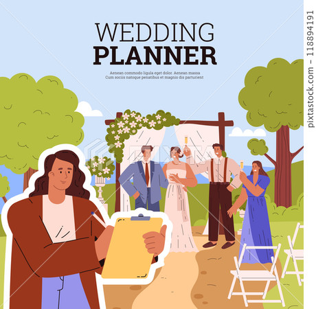 Wedding vector planner, professional organizer planning marriage event woman coordinator, happy bride and groom, guests 118894191