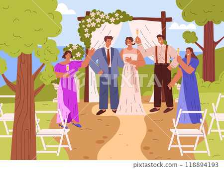 Wedding venue on nature landscape vector, bride and groom, marriage ceremony, guests with champagne, newlywed couple Wedding venue on nature landscape vector, bride and groom, marriage ceremony, guests with champagne, newlywed couple 118894193