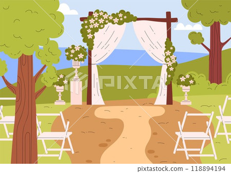 Wedding venue on nature, vector blooming floral arch altar with curtains rustic scene for matrimony ceremony with chairs Wedding venue on nature, vector blooming floral arch altar with curtains rustic scene for matrimony ceremony with chairs 118894194