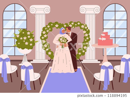 Illustration of a Muslim bridegroom and bride against the backdrop of an interior room with an arch. Illustration of a Muslim bridegroom and bride against the backdrop of an interior room with an arch. 118894195