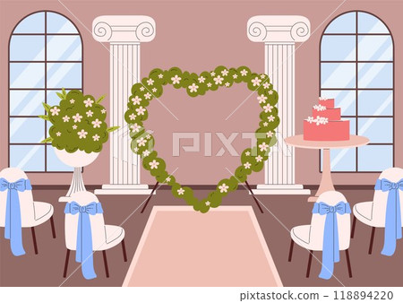 Wedding venue vector illustration, floral heart arch, bridal cake, marriage ceremony hall with chairs matrimony interior 118894220