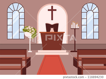 Church hall for Christian religious ceremony, chapel altar wedding venue, vector interior arch windows, flowers, candles 118894230