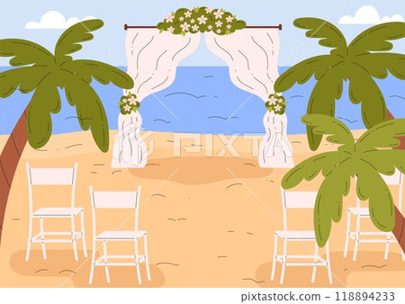 Vector illustration of the wedding venue on the background of the sea beach 118894233
