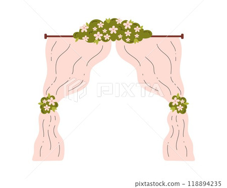 Beautiful white curtains with flowers bouquet, vector wedding ceremony altar with draped arch and chamomile blossom Beautiful white curtains with flowers bouquet, vector wedding ceremony altar with draped arch and chamomile blossom 118894235