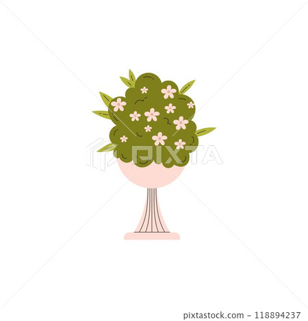 Vector illustration with a large vintage vase with a green bush and white flowers 118894237