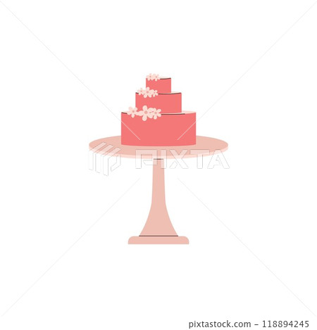 Wedding cake on a stand, vector cartoon beautiful marriage pink tiered cake with flowers decoration, traditional treat Wedding cake on a stand, vector cartoon beautiful marriage pink tiered cake with flowers decoration, traditional treat 118894245