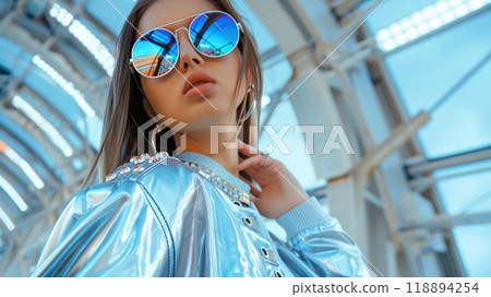 Fashionable woman in reflective sunglasses and metallic jacket in urban setting Fashionable woman in reflective sunglasses and metallic jacket in urban setting 118894254