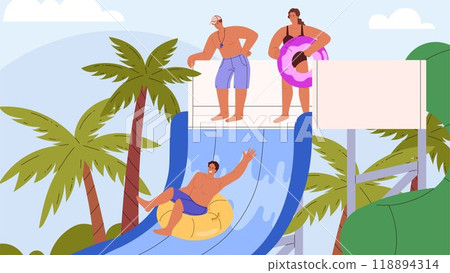 People in water park, enjoy aquapark vector flat illustration, happy man sliding down a water slide in swimming pool 118894314