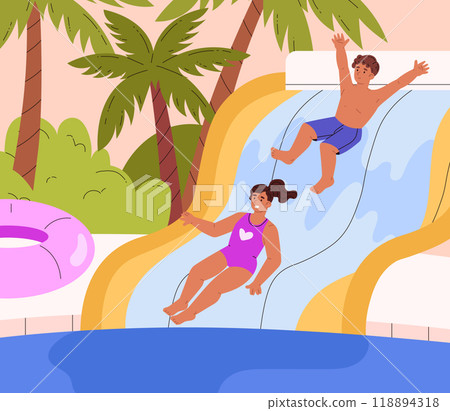 Kids in water park vector flat illustration, happy children enjoy aquapark, sliding down a water slide in swimming pool 118894318