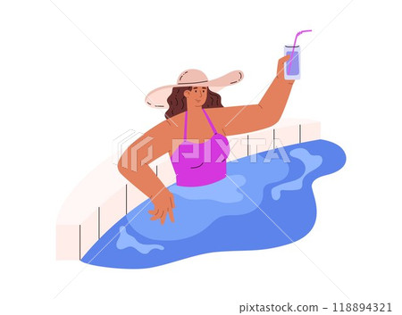 Vector graphics of a girl with a drink in her hands standing in the pool. 118894321