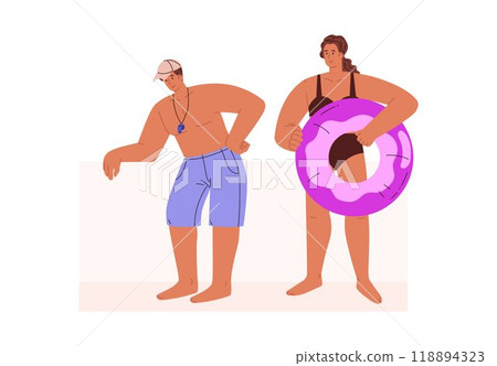 Vector illustration girl in a swimsuit with an inflatable circle and a guy in shorts Vector illustration girl in a swimsuit with an inflatable circle and a guy in shorts 118894323