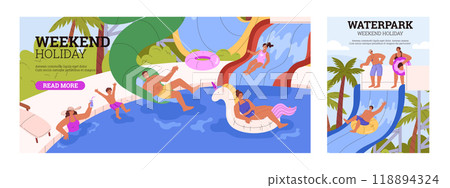 A vector banners with scenes in a water park with people enjoying water slides 118894324