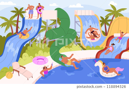 Happy people in water park, enjoy aquapark vector flat illustration, sliding down a water slide pipes in swimming pool Happy people in water park, enjoy aquapark vector flat illustration, sliding down a water slide pipes in swimming pool 118894326