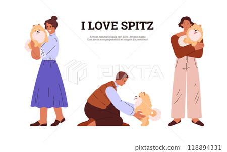 Cute Spitz dog with owner, Pomeranian German breed puppy human best friend, vector cartoon small fluffy pet I love Spitz 118894331