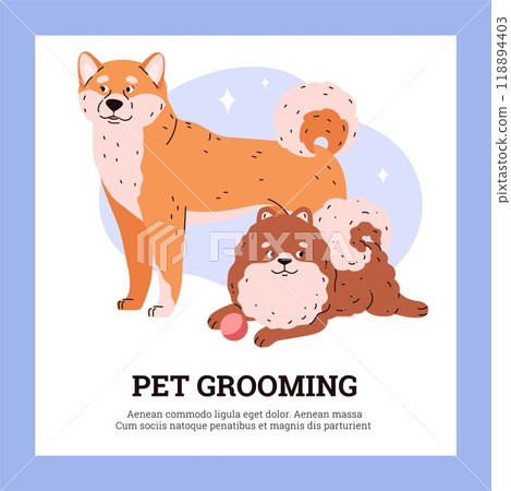 A vector poster showing grooming by dogs with a pomeranian and a shiba inu A vector poster showing grooming by dogs with a pomeranian and a shiba inu 118894403