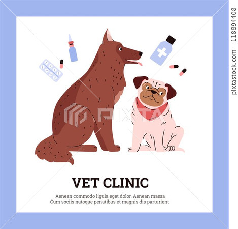 Dogs are featured in a vector poster with pills and potions around them. Dogs are featured in a vector poster with pills and potions around them. 118894408