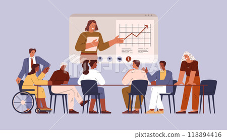 People have online business meeting in the office with diagrams, vector disabled employee in wheelchair, teamwork People have online business meeting in the office with diagrams, vector disabled employee in wheelchair, teamwork 118894416
