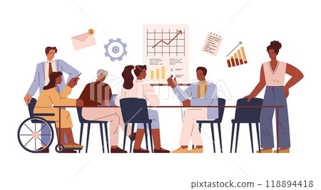 Vector illustration business team, including a person with disabilities, an adult male at a table Vector illustration business team, including a person with disabilities, an adult male at a table 118894418