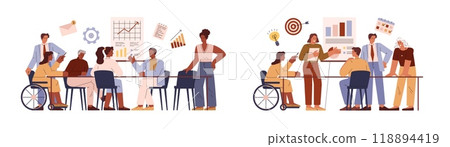 Business meeting in the office, disabled employee in wheelchair engaged in corporate conversation, teamwork vector set Business meeting in the office, disabled employee in wheelchair engaged in corporate conversation, teamwork vector set 118894419