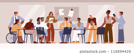 Vector illustration depicting a diverse business team including a person with disabilities at a meeting 118894420