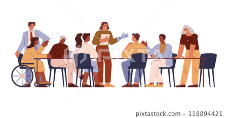 People have business meeting in office, vector disabled employee in wheelchair, performer with prosthetic arm, teamwork 118894421
