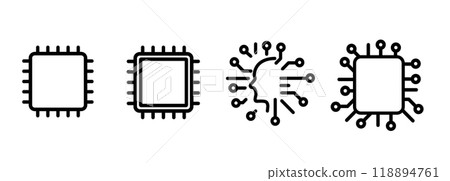 CPU processor or semiconductor chip circuit icon set collection line outline black on white background computer microchip symbol CPU processor or semiconductor chip circuit icon set collection line outline black on white background computer microchip symbol 118894761