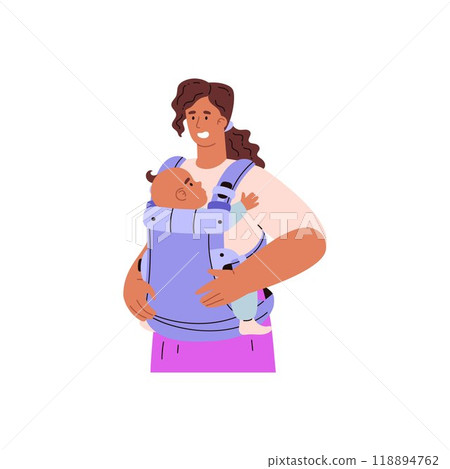 Mother gently supports baby in ergo baby carrier. 118894762