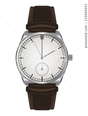 Mechanical watch in classic design. Realistic wristwatch, luxury fashion object for men on white background. Elegant business chronograph with leather bracelet 118894841