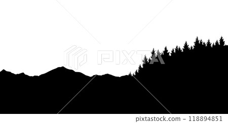 Sountains silhouettes landscape background. Rocky panorama with mountains skyline and pine tree forest. Scenery with slopes, vector cartoon illustration 118894851