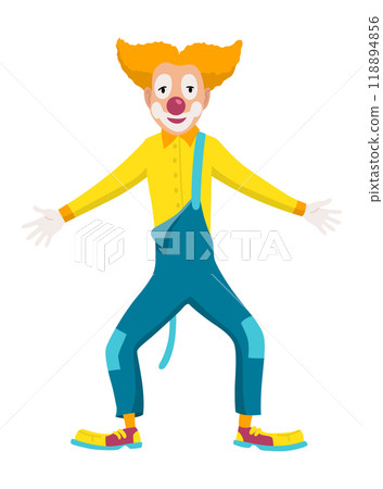 Circus clown. Kids holiday character. Entertainment artist. Jester performer, shapito circus show entertainers in funny costume, wig, makeup and red nose. Performers artist in classic outfit 118894856