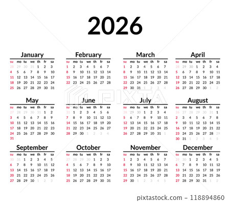 2026 calendar. Week starts on Sunday. Simple calendar layout. Yearly diary. Minimal stationery template with 12 months, in English. Pocket or wall formats 118894860