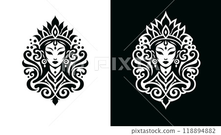 A decorative image of evil fantasy queen. Black and white vector icon in tribal tattoo style. The beautiful face of an adult Asian woman. Symmetrical decorative emblem. AI-generated. 118894882