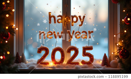 Frosted Window with Christmas Decorations happy new year 2025 118895199
