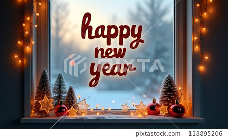 Frosted Window with Christmas Decorations happy new year 2025 118895206