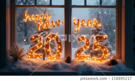 Frosted Window with Christmas Decorations happy new year 2025 118895217