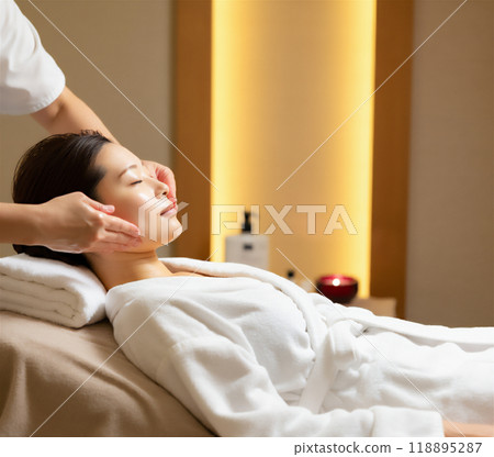 A woman receiving a facial massage 118895287