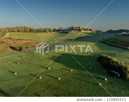 FRANCE, GIRONDE, PORTE DE BENAUGE, BENAUGE CASTLE AND ITS VINEYARDS IN AUTUMN, BORDEAUX VINEYARD FRANCE, GIRONDE, PORTE DE BENAUGE, BENAUGE CASTLE AND ITS VINEYARDS IN AUTUMN, BORDEAUX VINEYARD 118895521