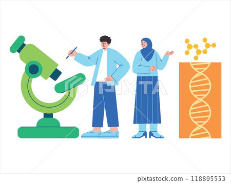 Medical partner duo couple analyzing together microscope occupation working DNA checking design icon set Medical partner duo couple analyzing together microscope occupation working DNA checking design icon set 118895553