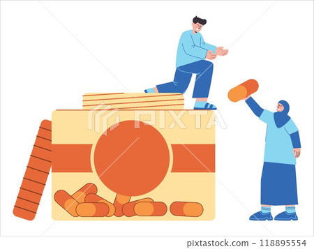 Two medical staff partner couple woman man sharing holding pills medicine vitamin standing pose position design character set 118895554