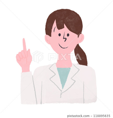 A woman in a medical lab coat is pointing up 118895635