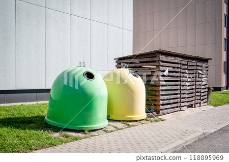 Waste sorting containers at the multi apartment building. municipal regulations 118895969