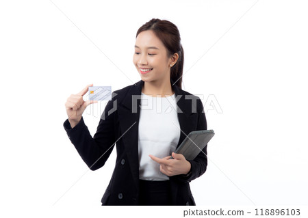 Portrait young asian businesswoman holding credit card and tablet for shopping online and payment. Portrait young asian businesswoman holding credit card and tablet for shopping online and payment. 118896103