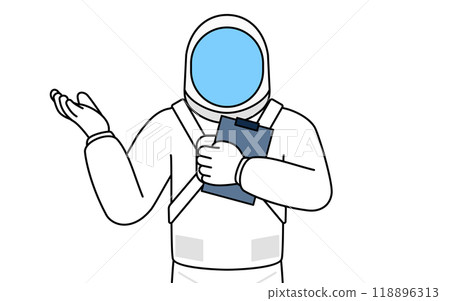 Astronaut holding a clipboard and spreading his hands 118896313